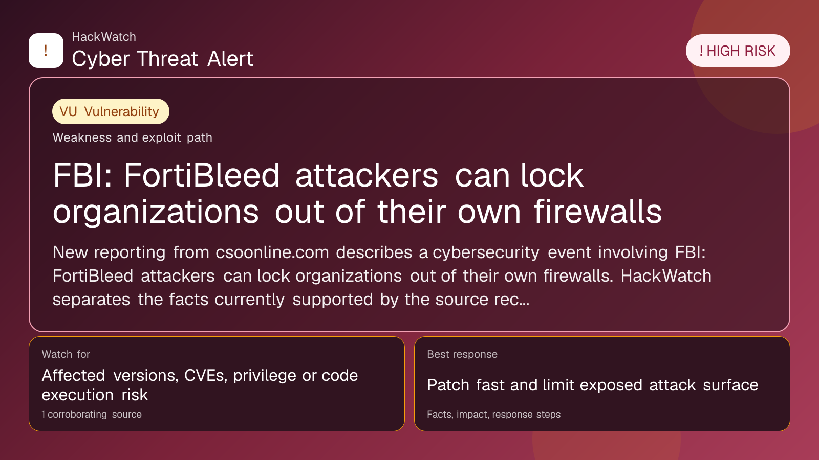FBI: FortiBleed attackers can lock organizations out of their own firewalls - HackWatch vulnerability alert image