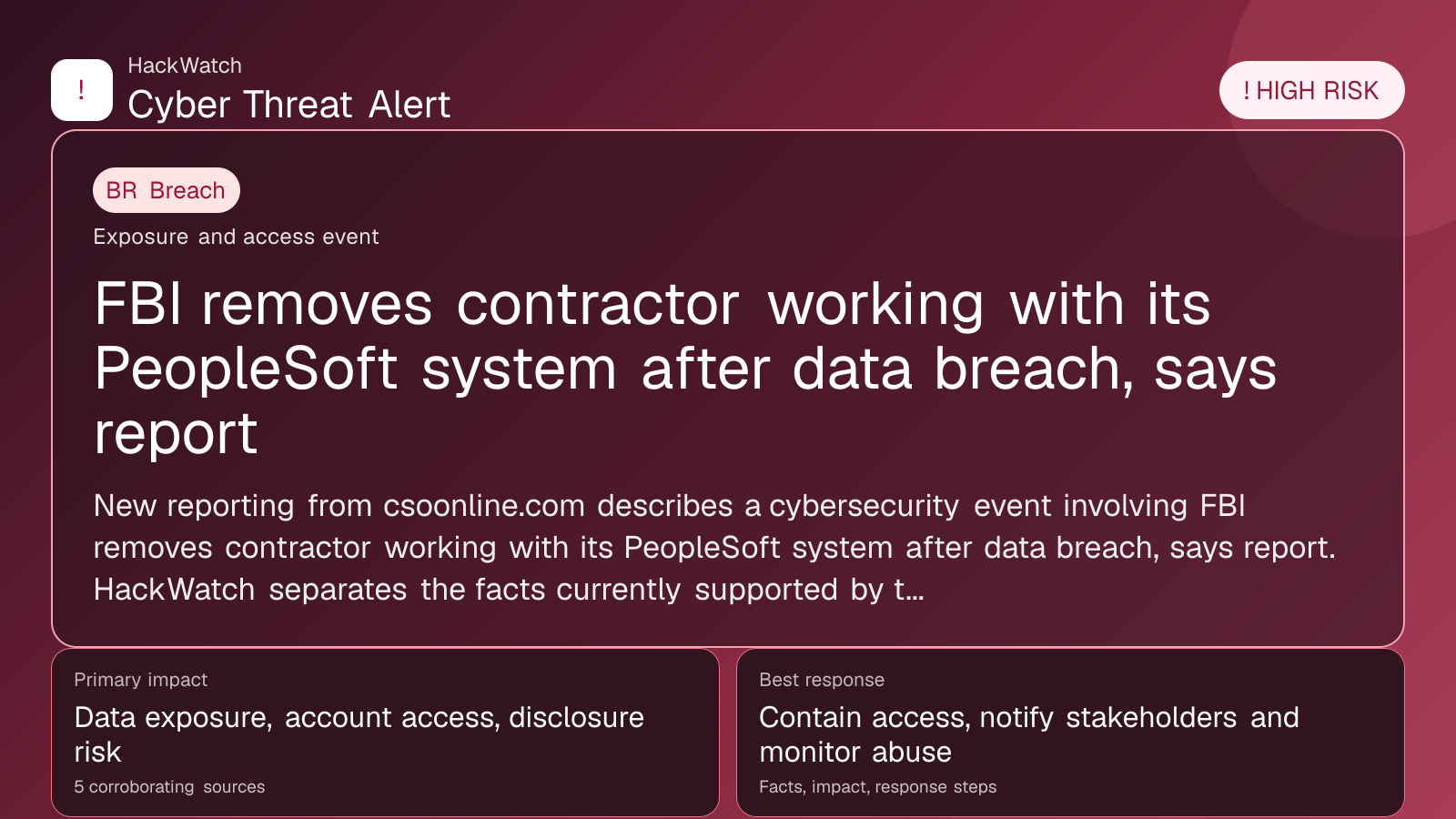FBI removes contractor working with its PeopleSoft system after data breach, says report - HackWatch breach alert image