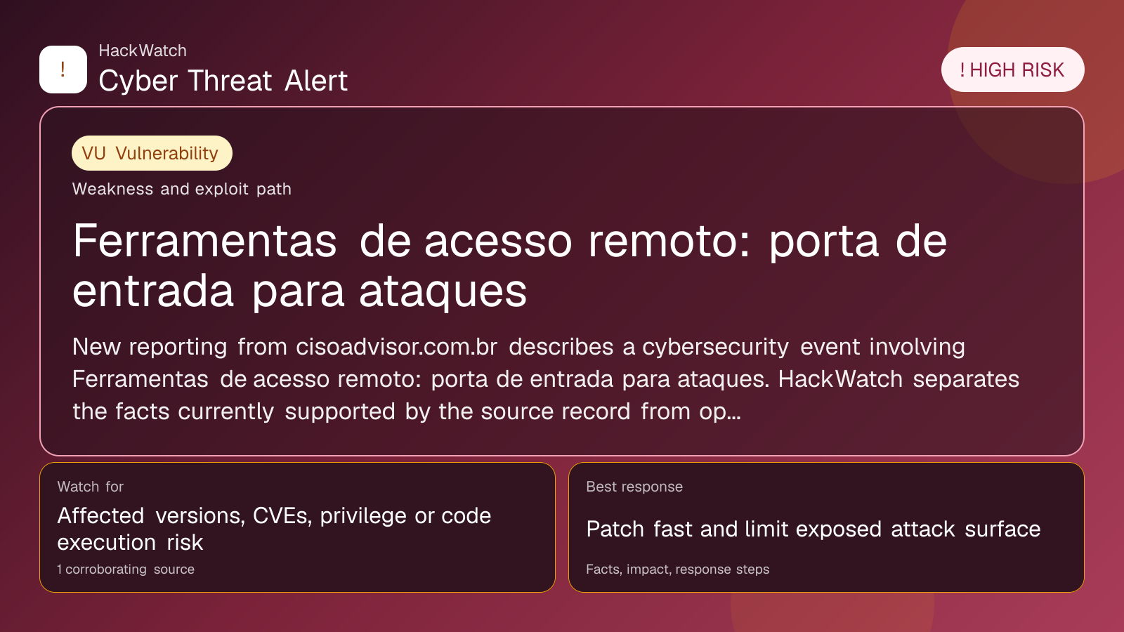 Ferramentas de acesso remoto: porta de entrada para ataques - HackWatch vulnerability alert image