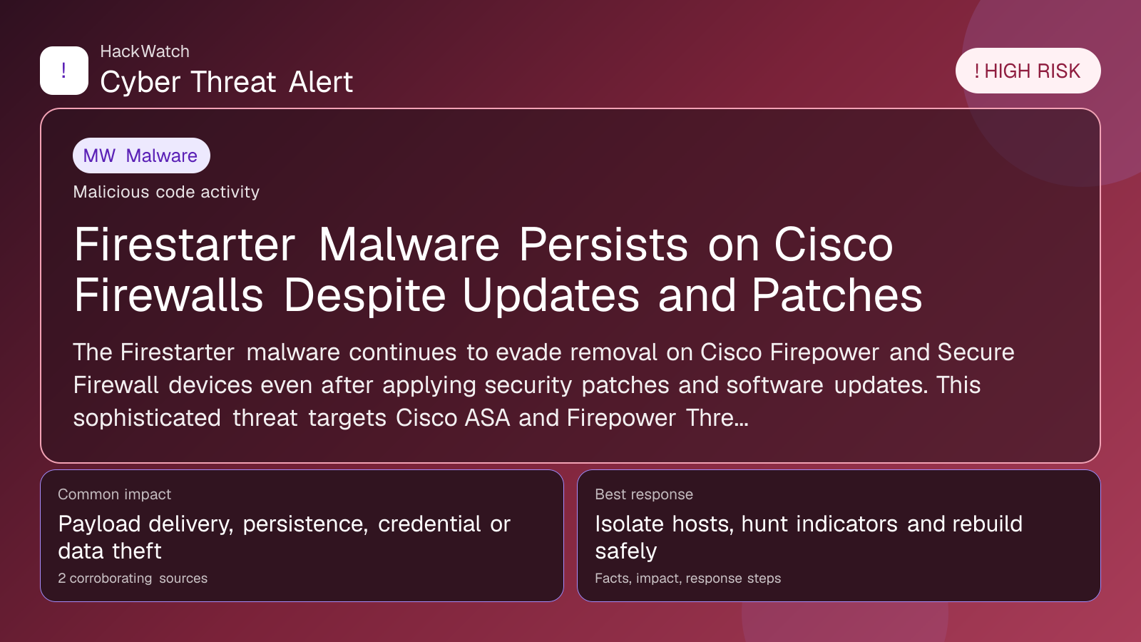 Firestarter Malware Persists on Cisco Firewalls Despite Updates and Patches - HackWatch malware alert image