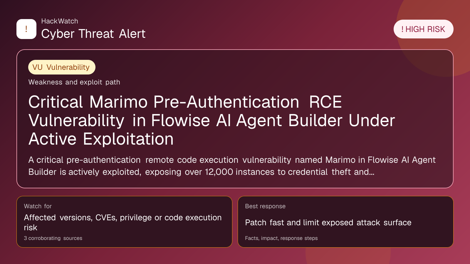 Critical Marimo Pre-Authentication RCE Vulnerability in Flowise AI Agent Builder Under Active Exploitation - HackWatch vulnerability alert image