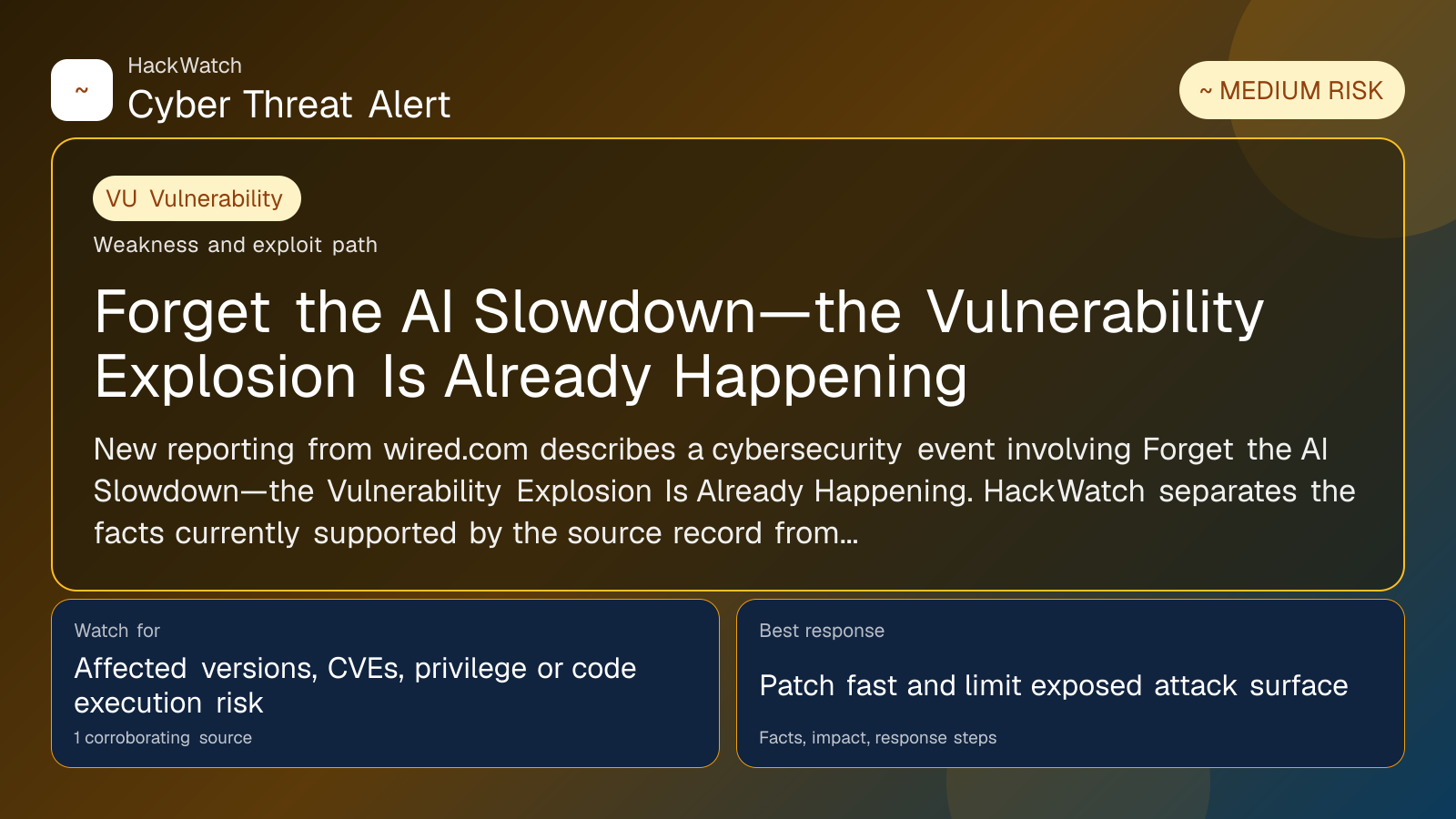 Forget the AI Slowdown—the Vulnerability Explosion Is Already Happening - HackWatch vulnerability alert image