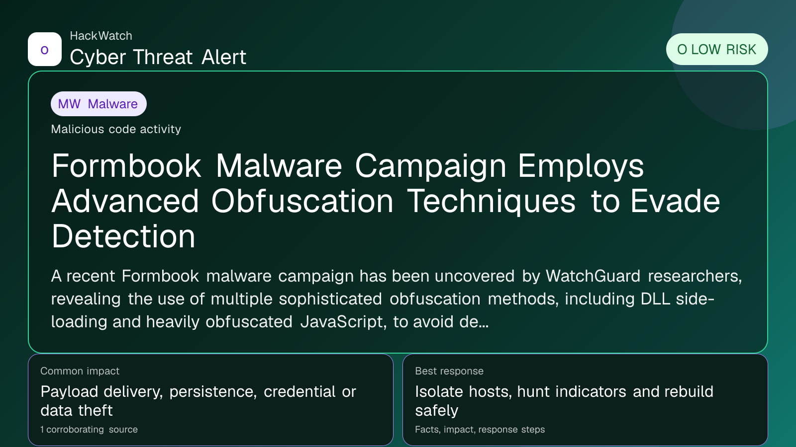 Formbook Malware Campaign Employs Advanced Obfuscation Techniques to Evade Detection - HackWatch malware alert image