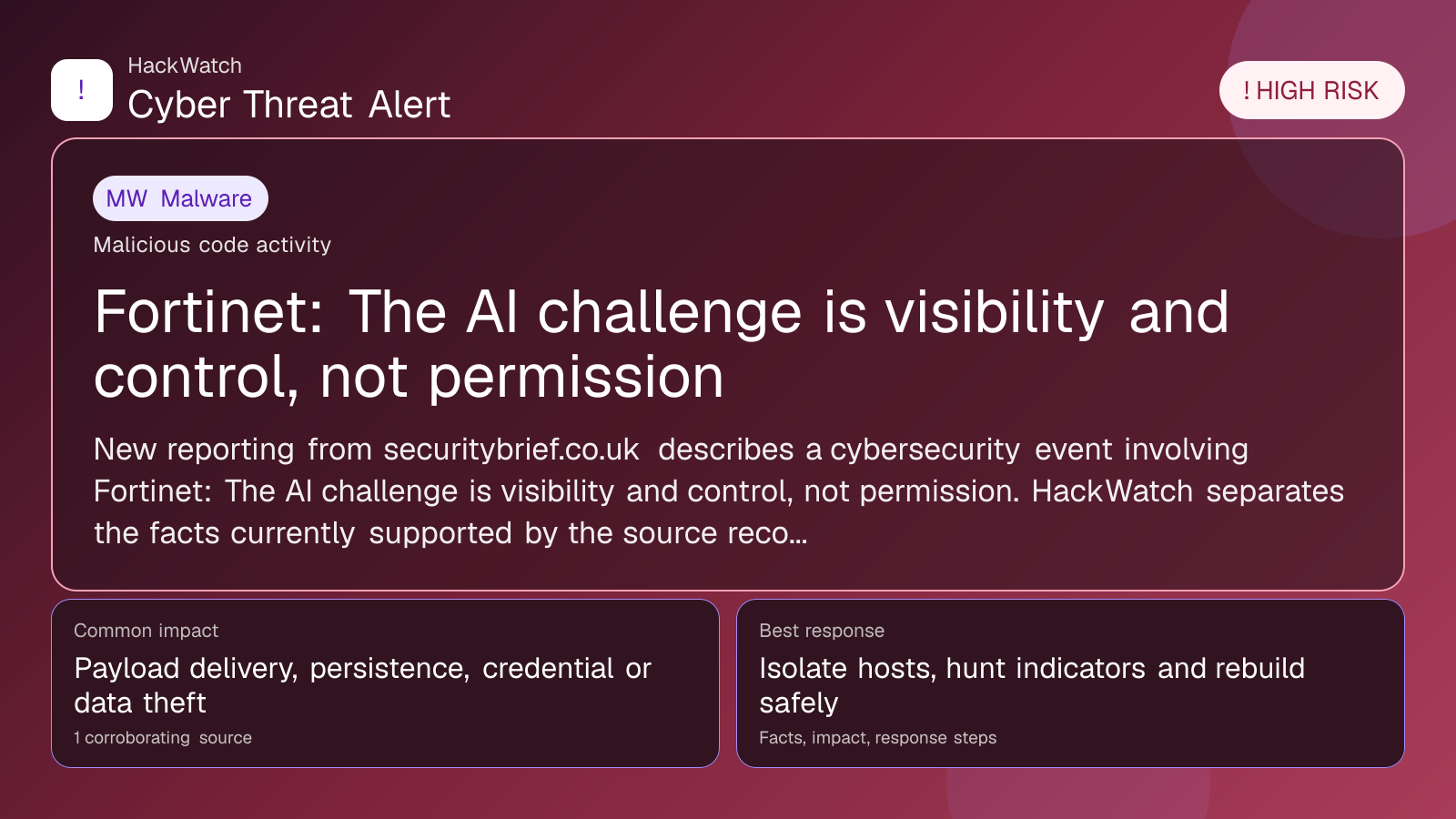 Fortinet: The AI challenge is visibility and control, not permission - HackWatch malware alert image