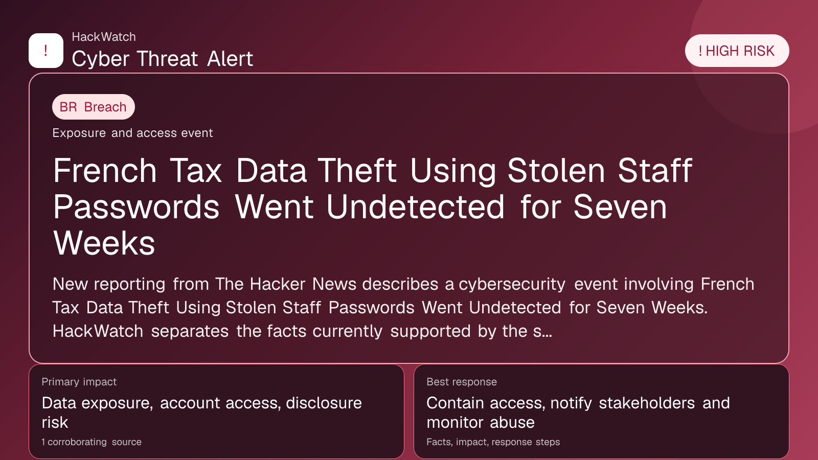 French Tax Data Theft Using Stolen Staff Passwords Went Undetected for Seven Weeks - HackWatch breach alert image