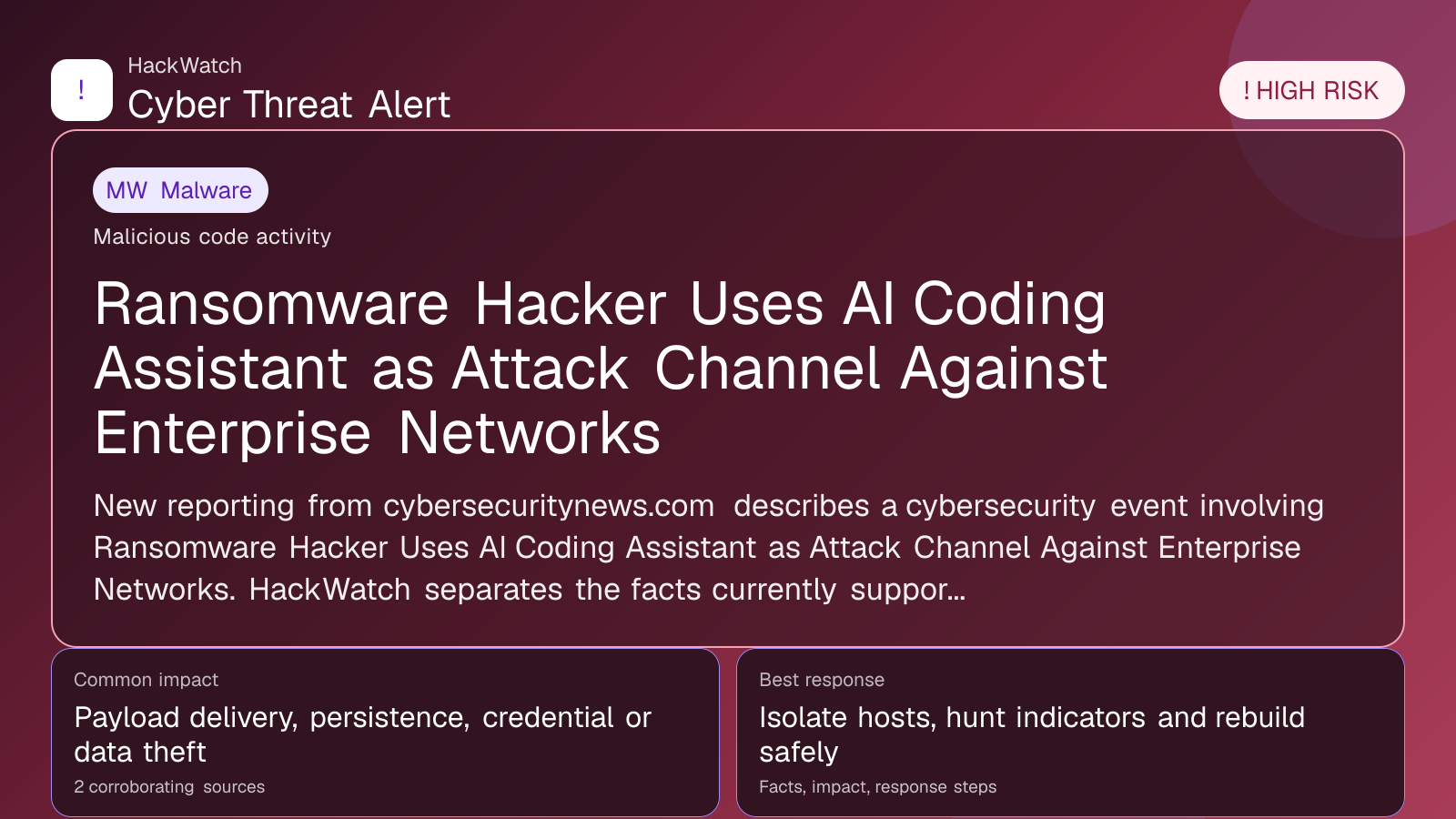 Ransomware Hacker Uses AI Coding Assistant as Attack Channel Against Enterprise Networks - HackWatch malware alert image