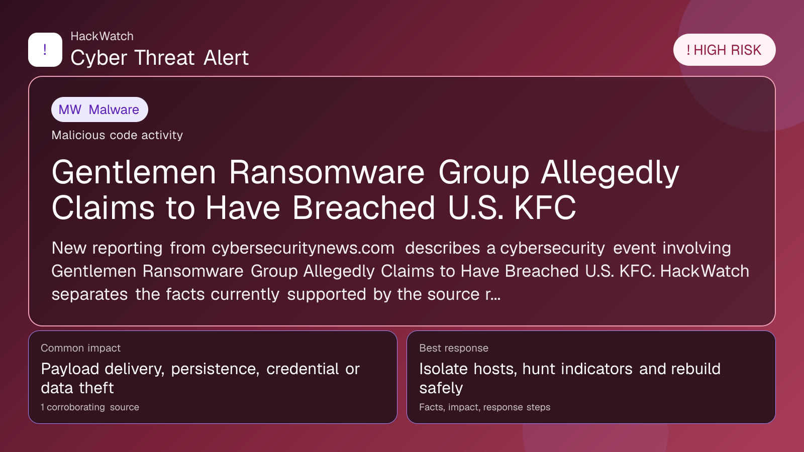 Gentlemen Ransomware Group Allegedly Claims to Have Breached U.S. KFC - HackWatch malware alert image