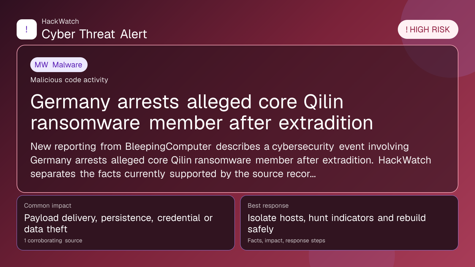 Germany arrests alleged core Qilin ransomware member after extradition - HackWatch malware alert image