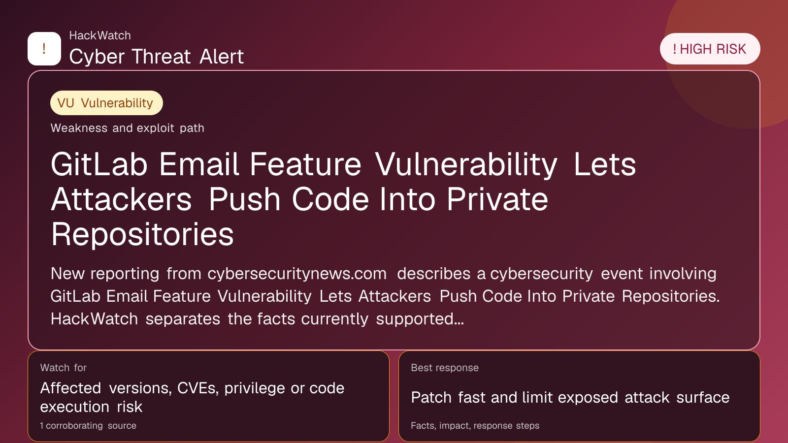 GitLab Email Feature Vulnerability Lets Attackers Push Code Into Private Repositories - HackWatch vulnerability alert image