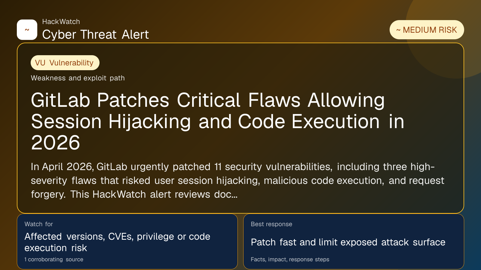 GitLab Patches Critical Flaws Allowing Session Hijacking and Code Execution in 2026 - HackWatch vulnerability alert image