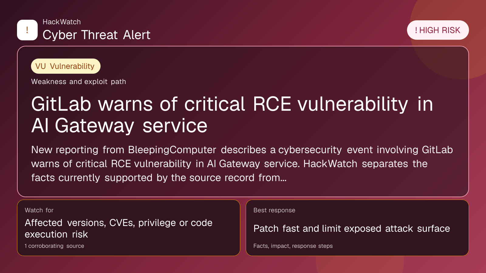 GitLab warns of critical RCE vulnerability in AI Gateway service - HackWatch vulnerability alert image
