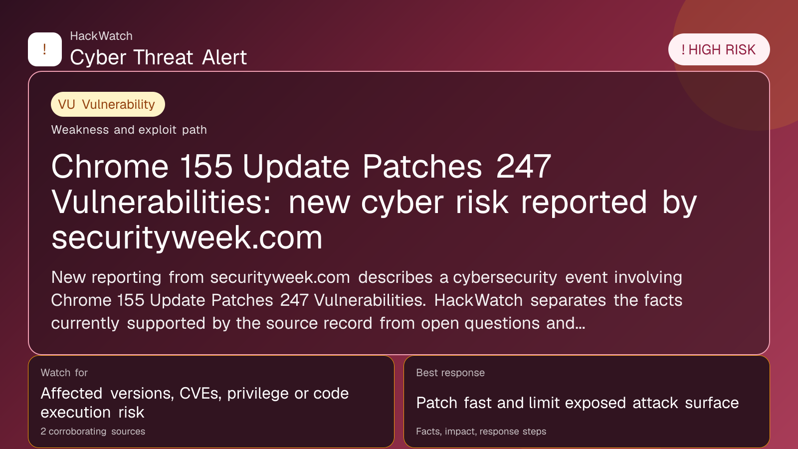 Chrome 155 Update Patches 247 Vulnerabilities: new cyber risk reported by securityweek.com - HackWatch vulnerability alert image