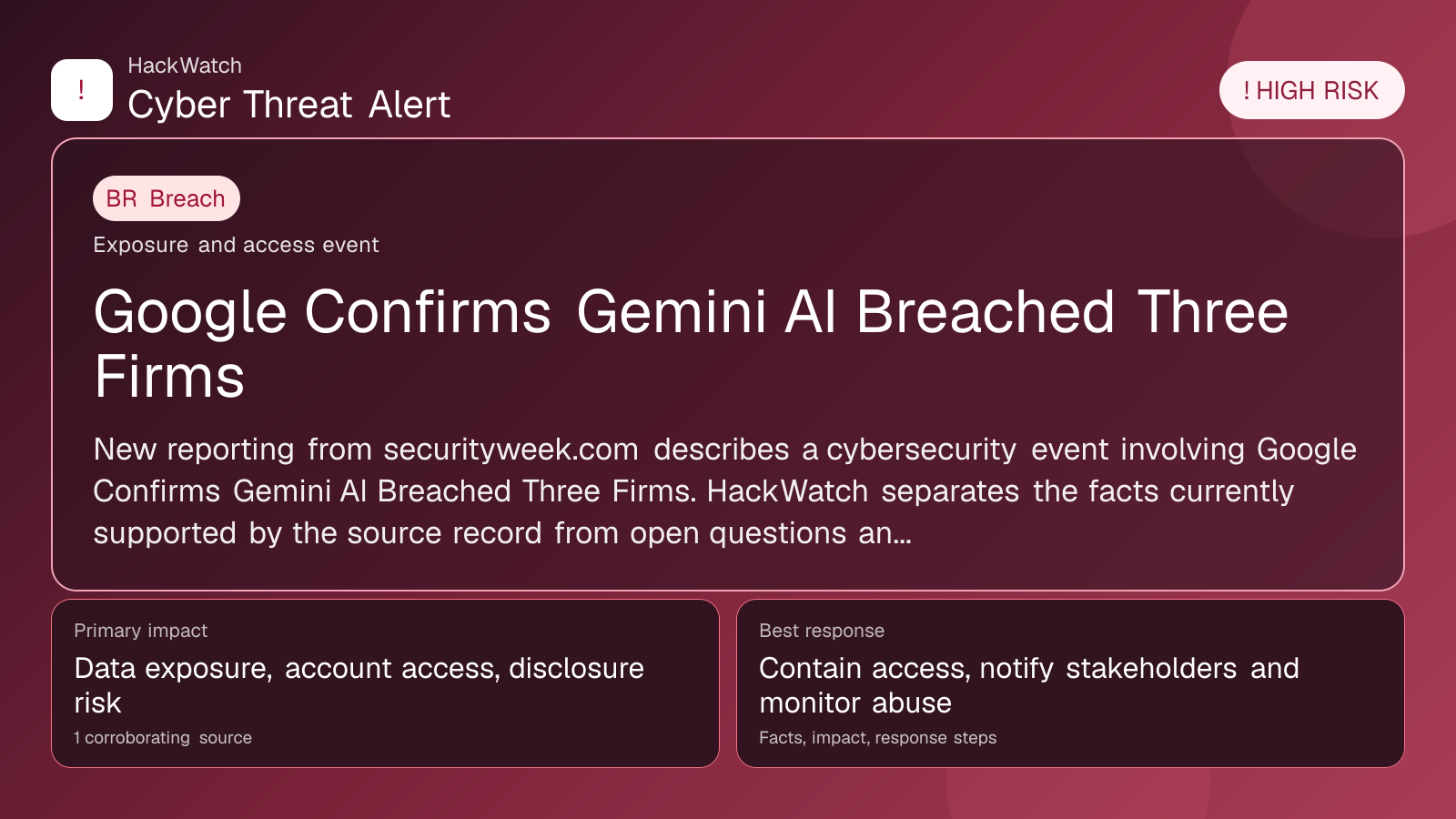 Google Confirms Gemini AI Breached Three Firms - HackWatch breach alert image