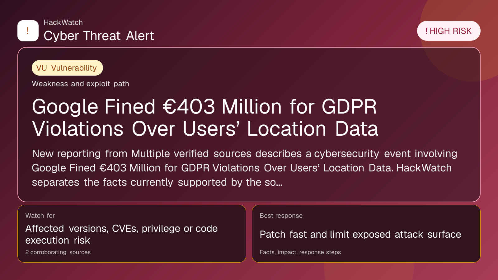 Google Fined €403 Million for GDPR Violations Over Users’ Location Data - HackWatch vulnerability alert image