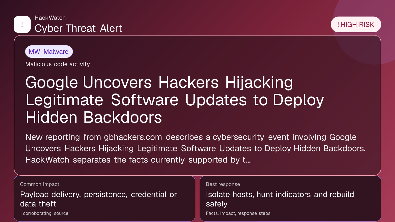 Google Uncovers Hackers Hijacking Legitimate Software Updates to Deploy Hidden Backdoors - HackWatch malware alert image