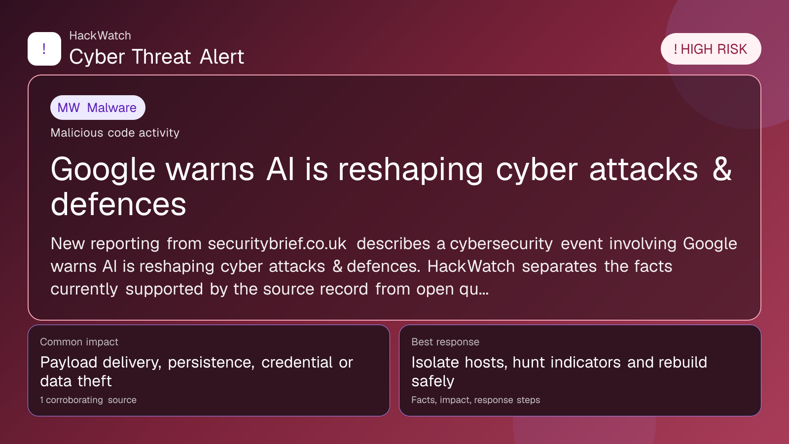 Google warns AI is reshaping cyber attacks & defences - HackWatch malware alert image