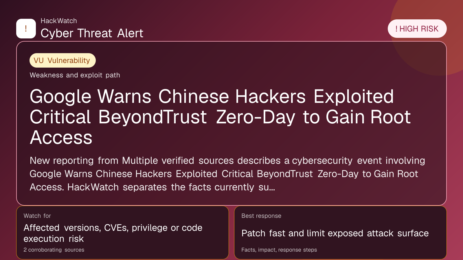 Google Warns Chinese Hackers Exploited Critical BeyondTrust Zero-Day to Gain Root Access - HackWatch vulnerability alert image