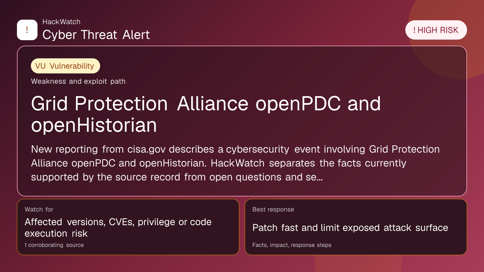 Grid Protection Alliance openPDC and openHistorian - HackWatch vulnerability alert image