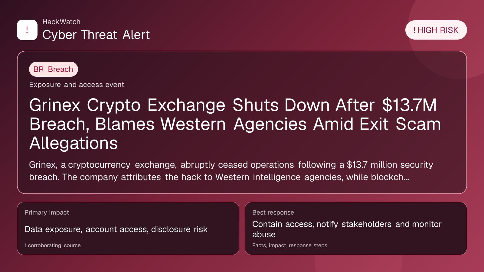 Grinex Crypto Exchange Shuts Down After $13.7M Breach, Blames Western Agencies Amid Exit Scam Allegations - HackWatch breach alert image