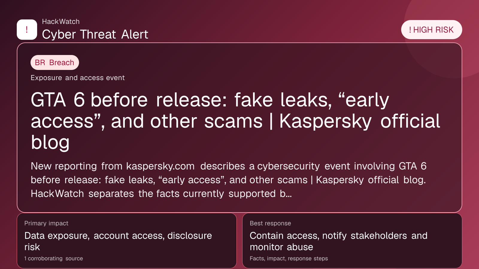 GTA 6 before release: fake leaks, “early access”, and other scams | Kaspersky official blog - HackWatch breach alert image