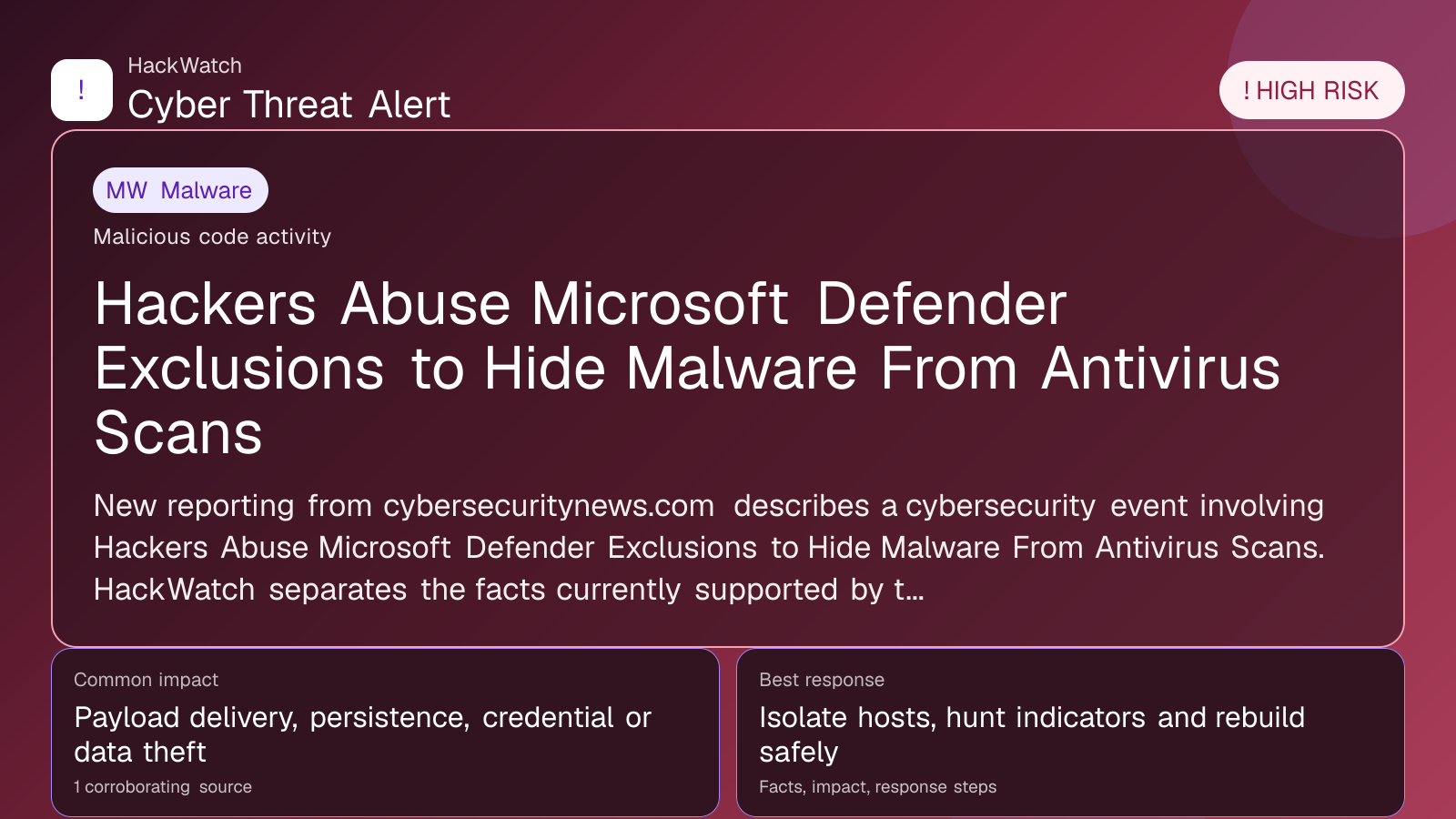 Hackers Abuse Microsoft Defender Exclusions to Hide Malware From Antivirus Scans - HackWatch malware alert image