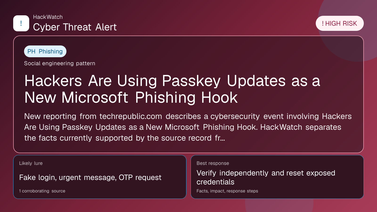 Hackers Are Using Passkey Updates as a New Microsoft Phishing Hook - HackWatch phishing alert image
