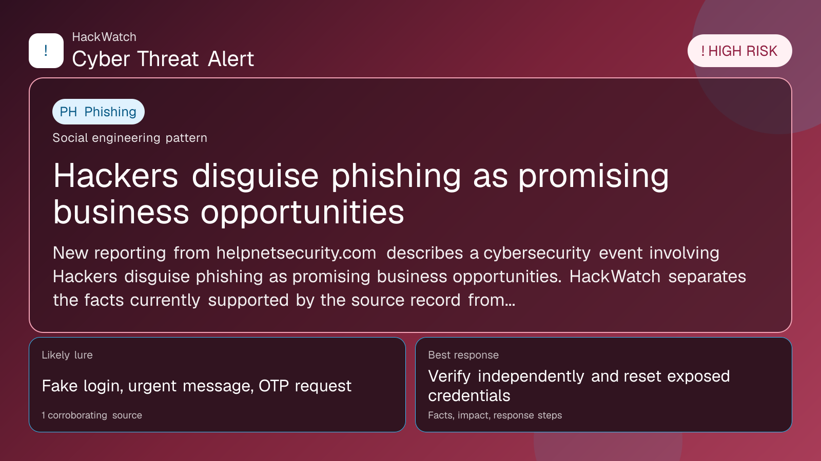 Hackers disguise phishing as promising business opportunities - HackWatch phishing alert image