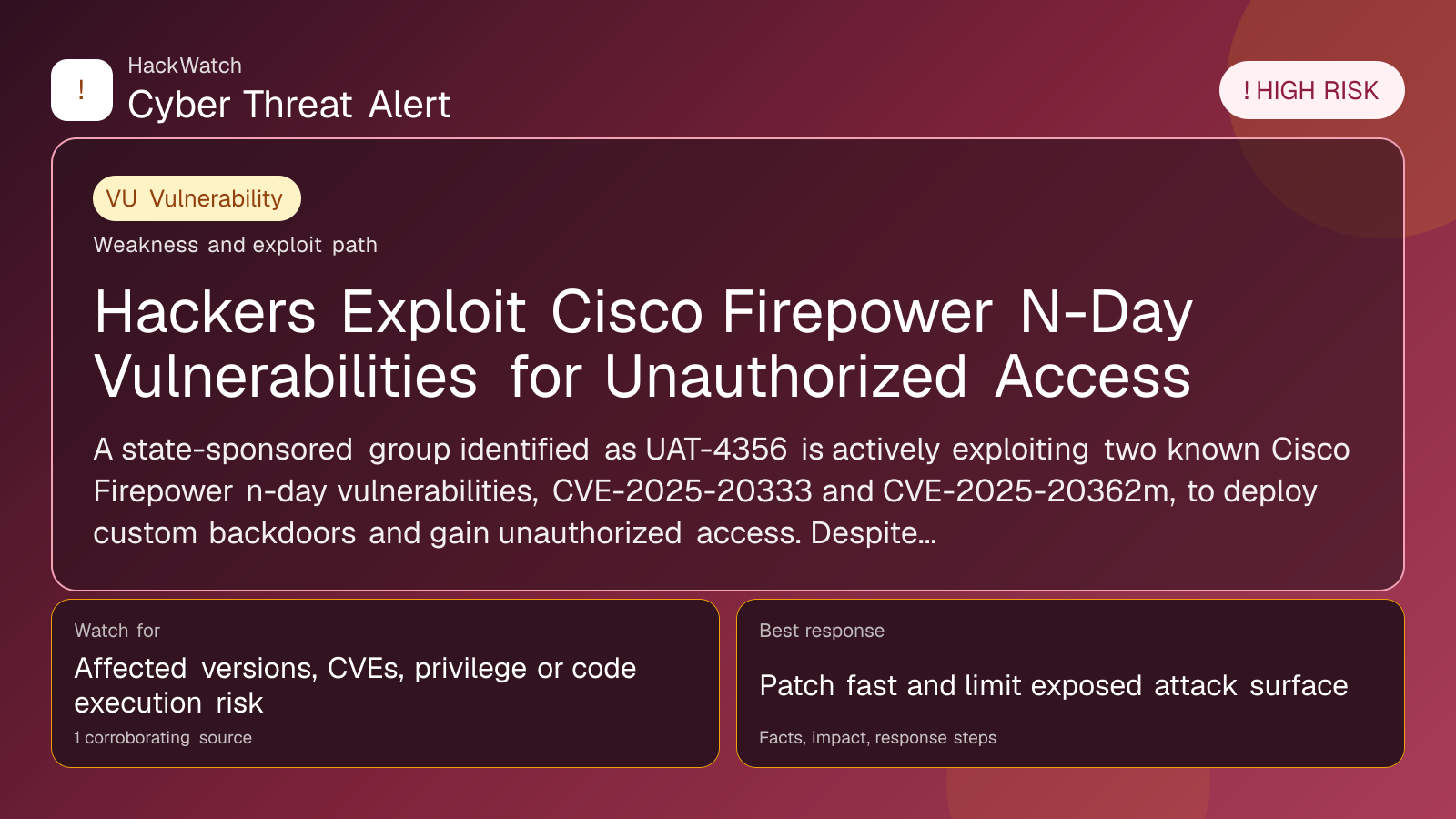 Hackers Exploit Cisco Firepower N-Day Vulnerabilities for Unauthorized Access - HackWatch vulnerability alert image