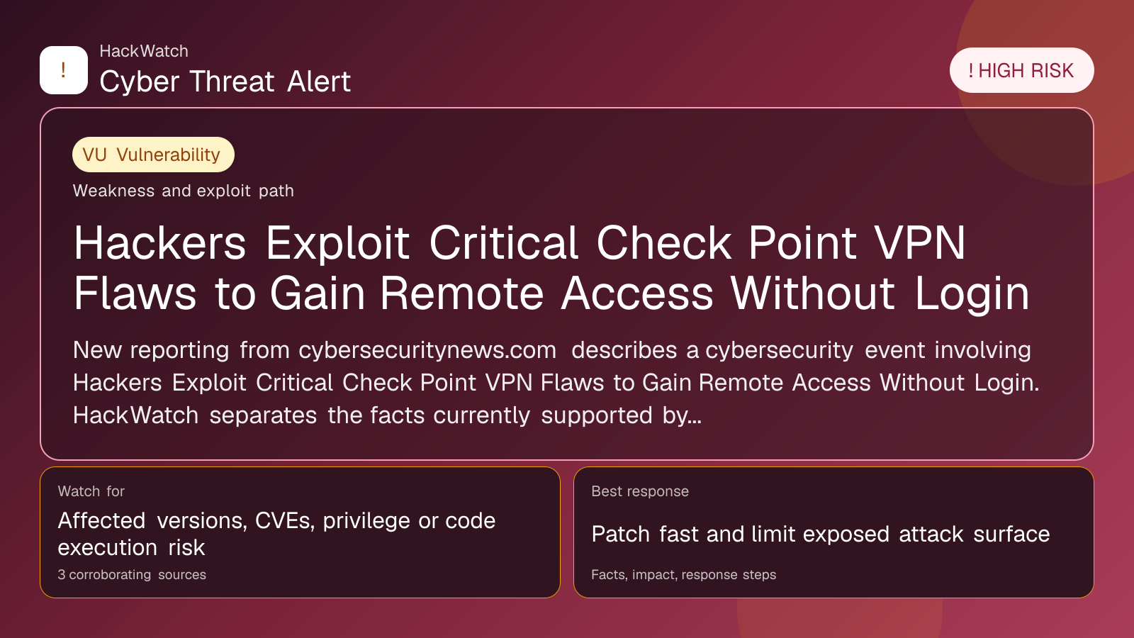 Hackers Exploit Critical Check Point VPN Flaws to Gain Remote Access Without Login - HackWatch vulnerability alert image