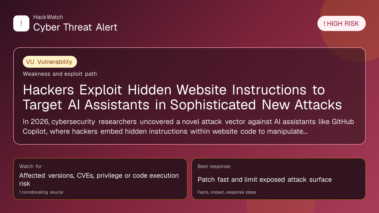 Hackers Exploit Hidden Website Instructions to Target AI Assistants in Sophisticated New Attacks - HackWatch vulnerability alert image