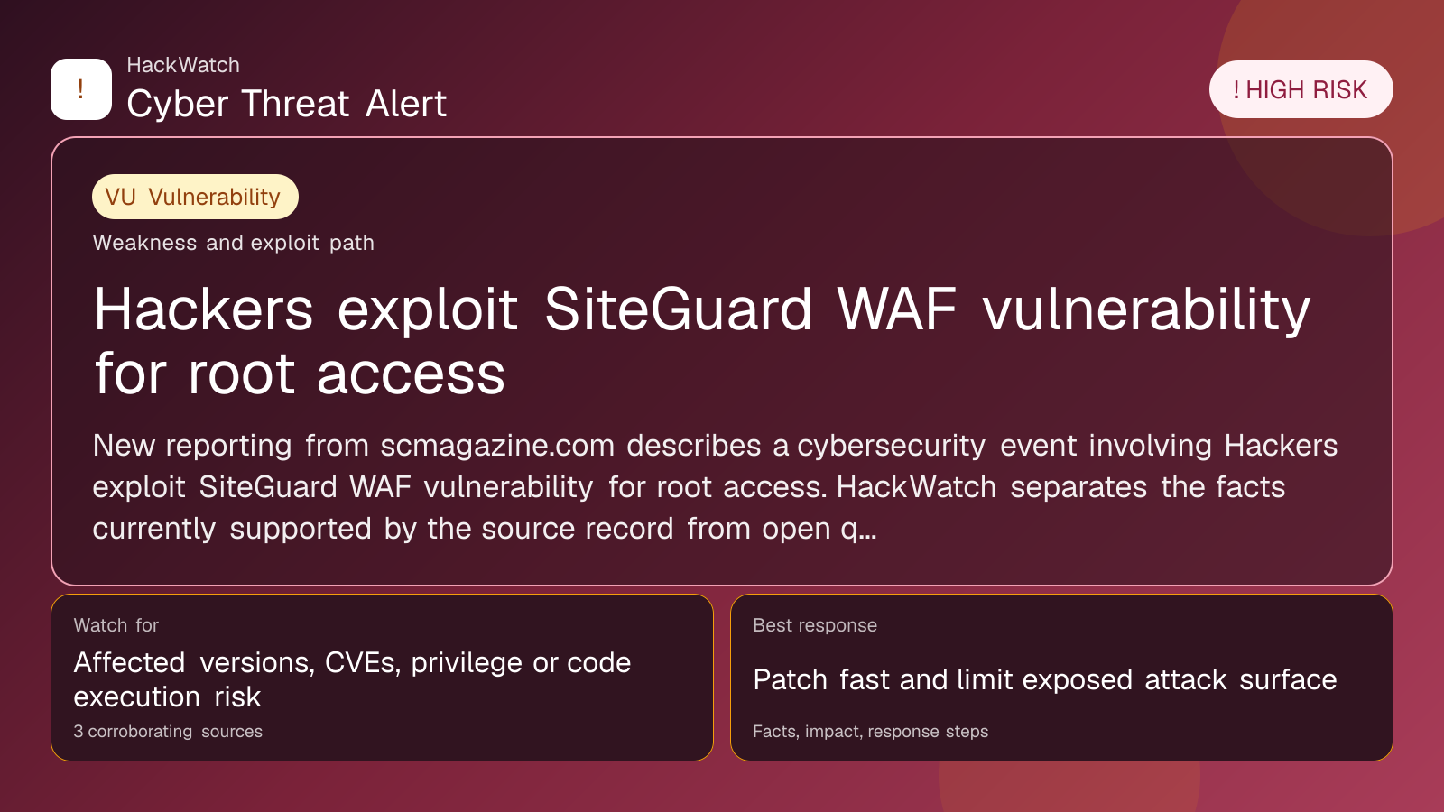 Hackers exploit SiteGuard WAF vulnerability for root access - HackWatch vulnerability alert image