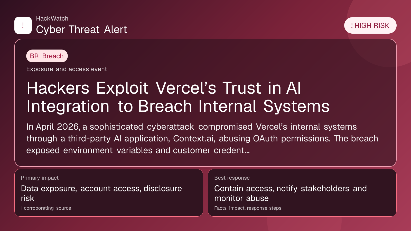 Hackers Exploit Vercel’s Trust in AI Integration to Breach Internal Systems - HackWatch breach alert image