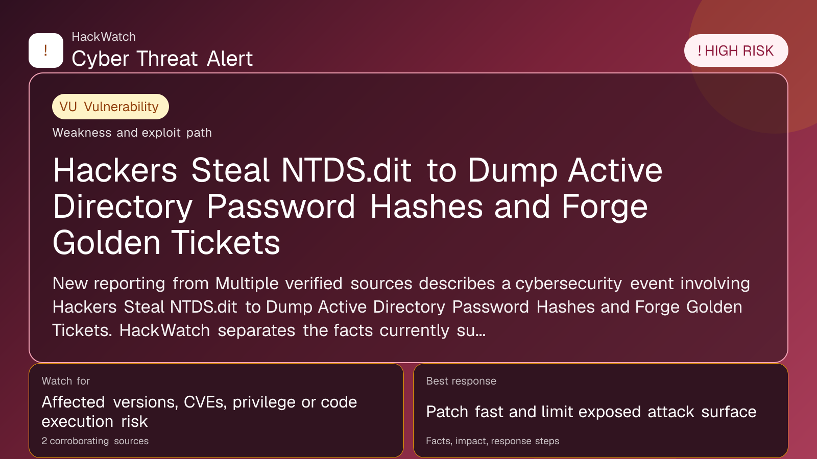 Hackers Steal NTDS.dit to Dump Active Directory Password Hashes and Forge Golden Tickets - HackWatch vulnerability alert image