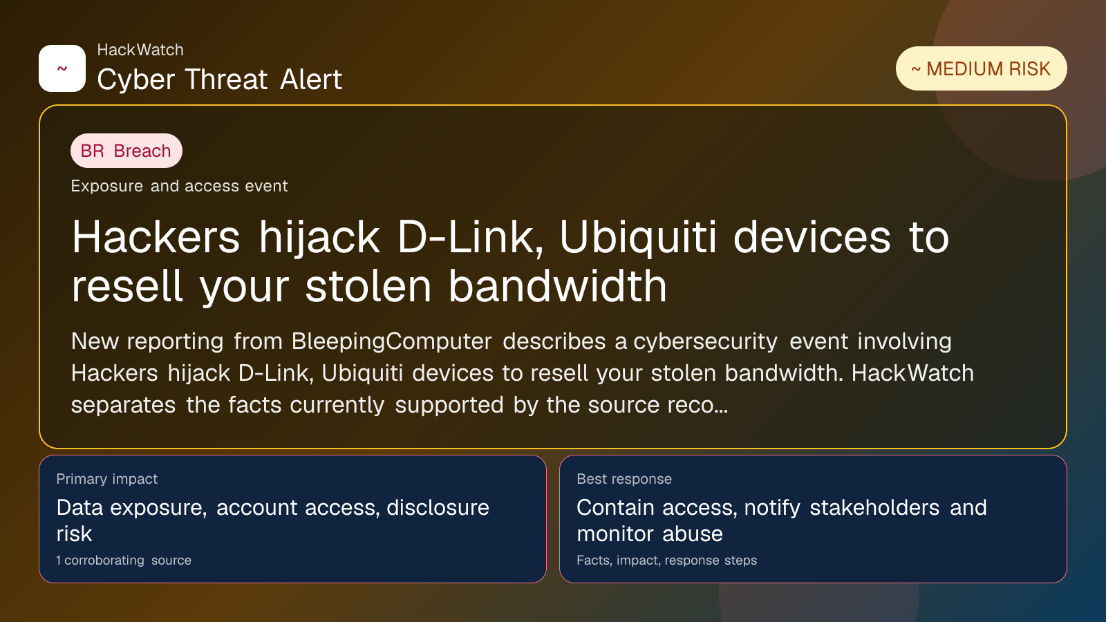 Hackers hijack D-Link, Ubiquiti devices to resell your stolen bandwidth - HackWatch breach alert image