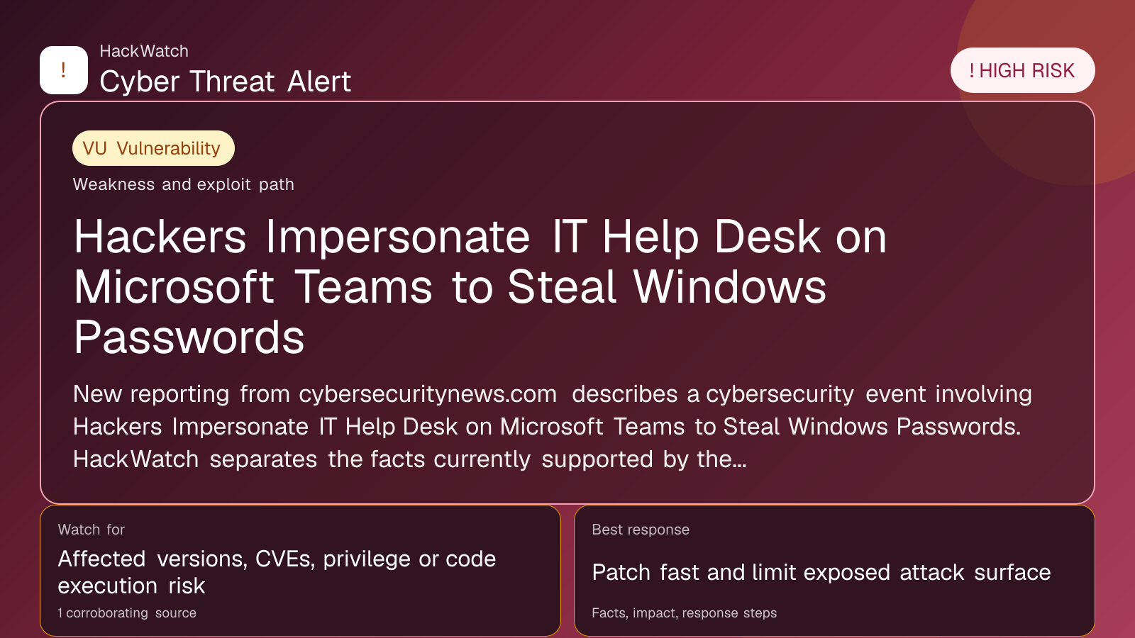 Hackers Impersonate IT Help Desk on Microsoft Teams to Steal Windows Passwords - HackWatch vulnerability alert image