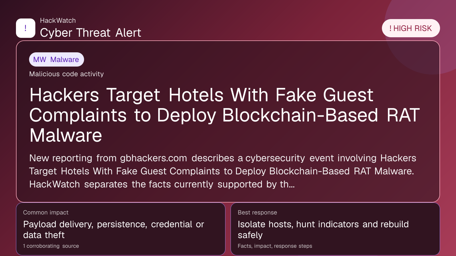 Hackers Target Hotels With Fake Guest Complaints to Deploy Blockchain-Based RAT Malware - HackWatch malware alert image