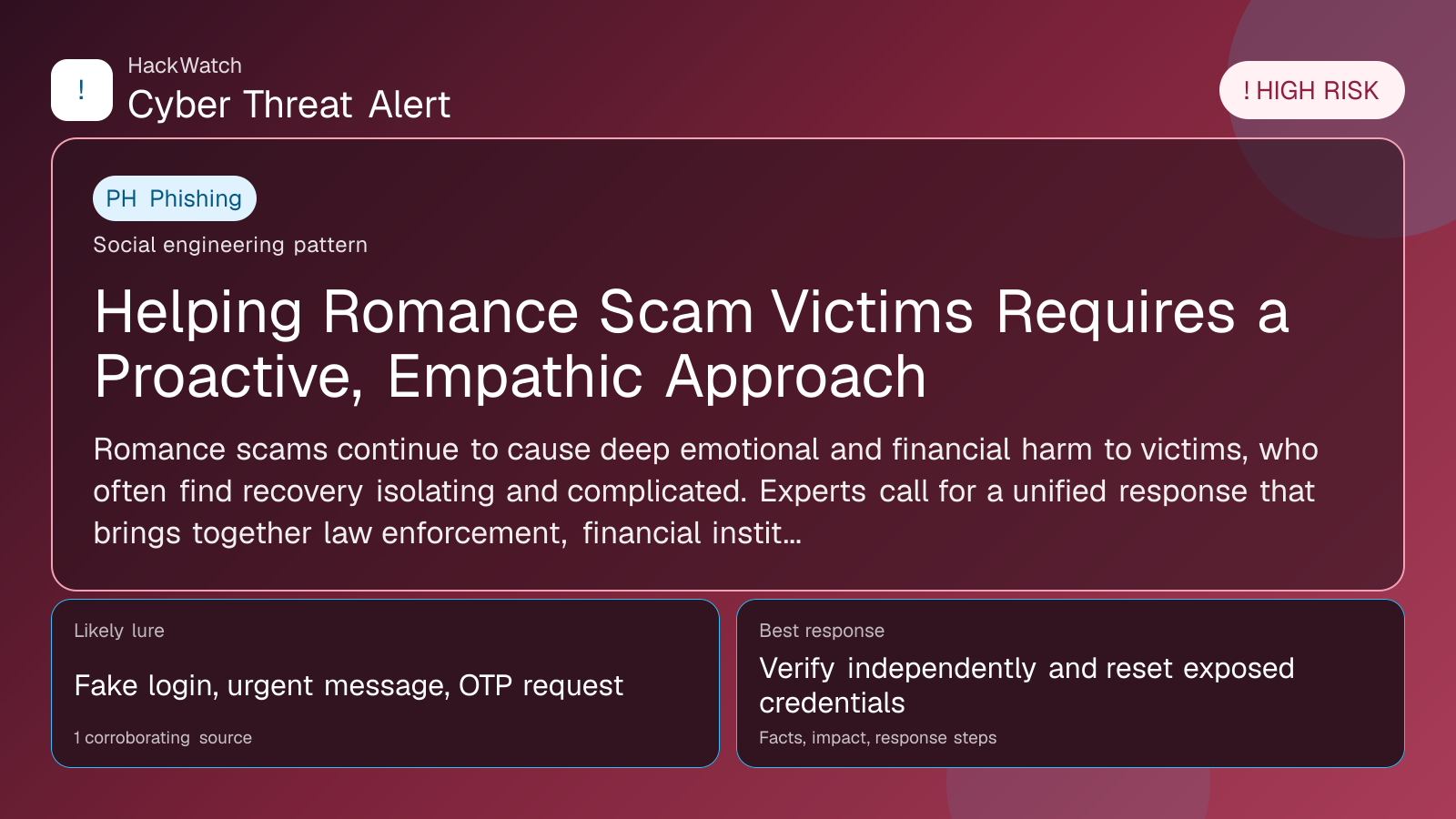 Helping Romance Scam Victims Requires a Proactive, Empathic Approach - HackWatch phishing alert image