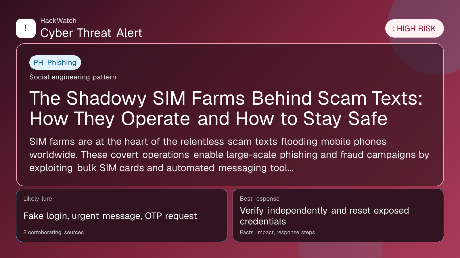 The Shadowy SIM Farms Behind Scam Texts: How They Operate and How to Stay Safe - HackWatch phishing alert image