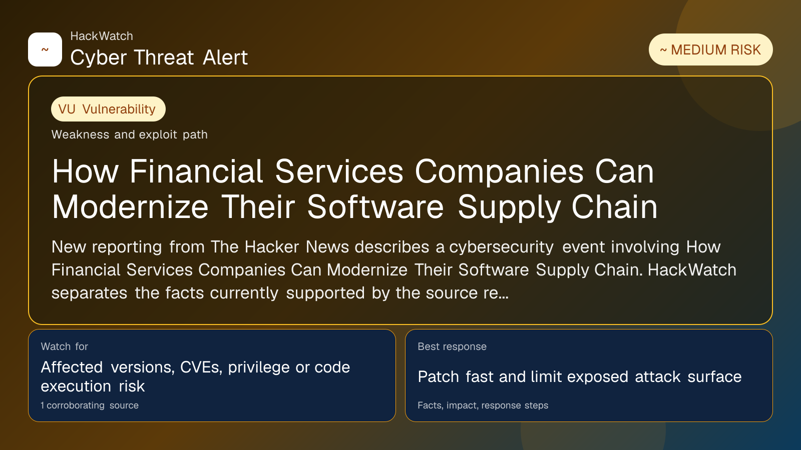 How Financial Services Companies Can Modernize Their Software Supply Chain - HackWatch vulnerability alert image