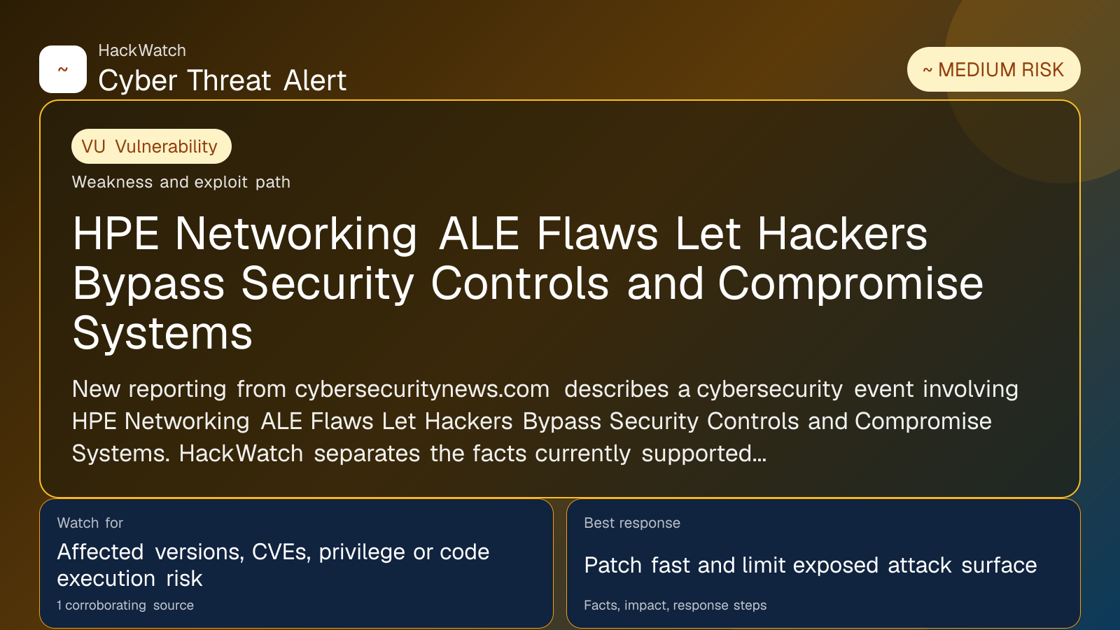 HPE Networking ALE Flaws Let Hackers Bypass Security Controls and Compromise Systems - HackWatch vulnerability alert image