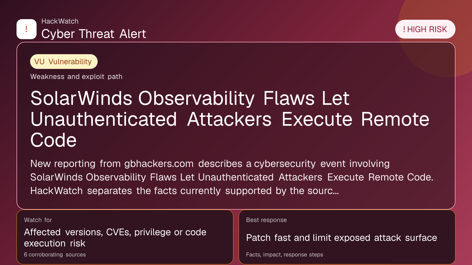 SolarWinds Observability Flaws Let Unauthenticated Attackers Execute Remote Code - HackWatch vulnerability alert image