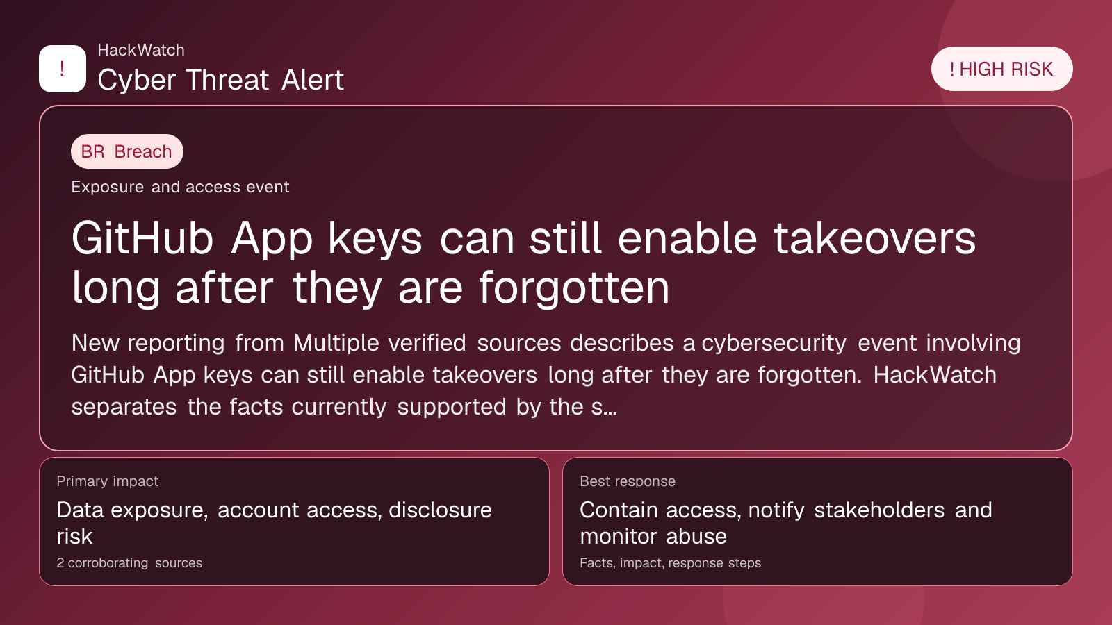 GitHub App keys can still enable takeovers long after they are forgotten - HackWatch breach alert image