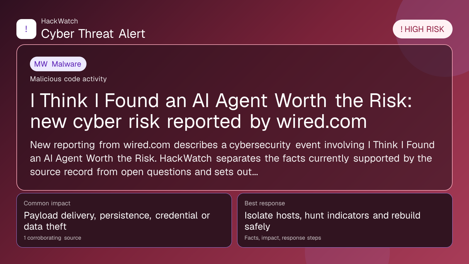 I Think I Found an AI Agent Worth the Risk: new cyber risk reported by wired.com - HackWatch malware alert image