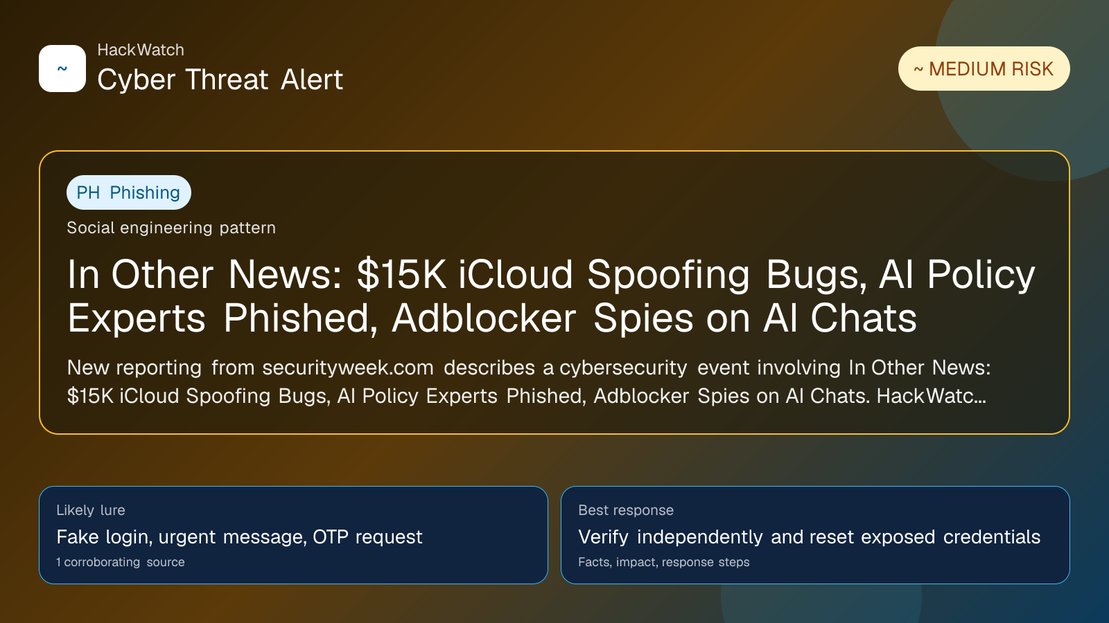 In Other News: $15K iCloud Spoofing Bugs, AI Policy Experts Phished, Adblocker Spies on AI Chats - HackWatch phishing alert image