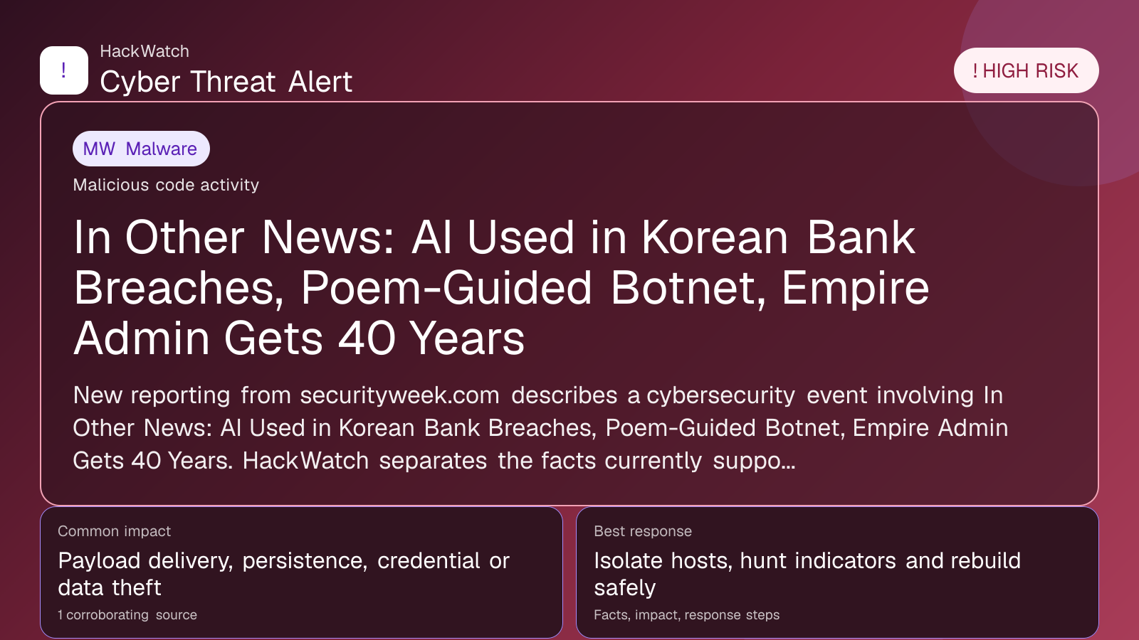 In Other News: AI Used in Korean Bank Breaches, Poem-Guided Botnet, Empire Admin Gets 40 Years - HackWatch malware alert image