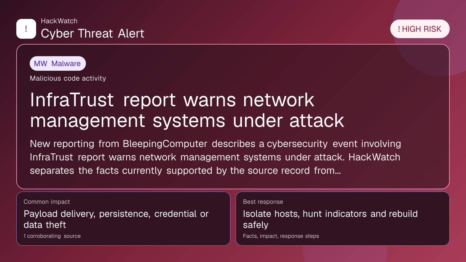 InfraTrust report warns network management systems under attack - HackWatch malware alert image