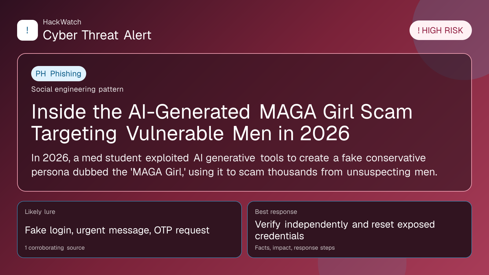 Inside the AI-Generated MAGA Girl Scam Targeting Vulnerable Men in 2026 - HackWatch phishing alert image