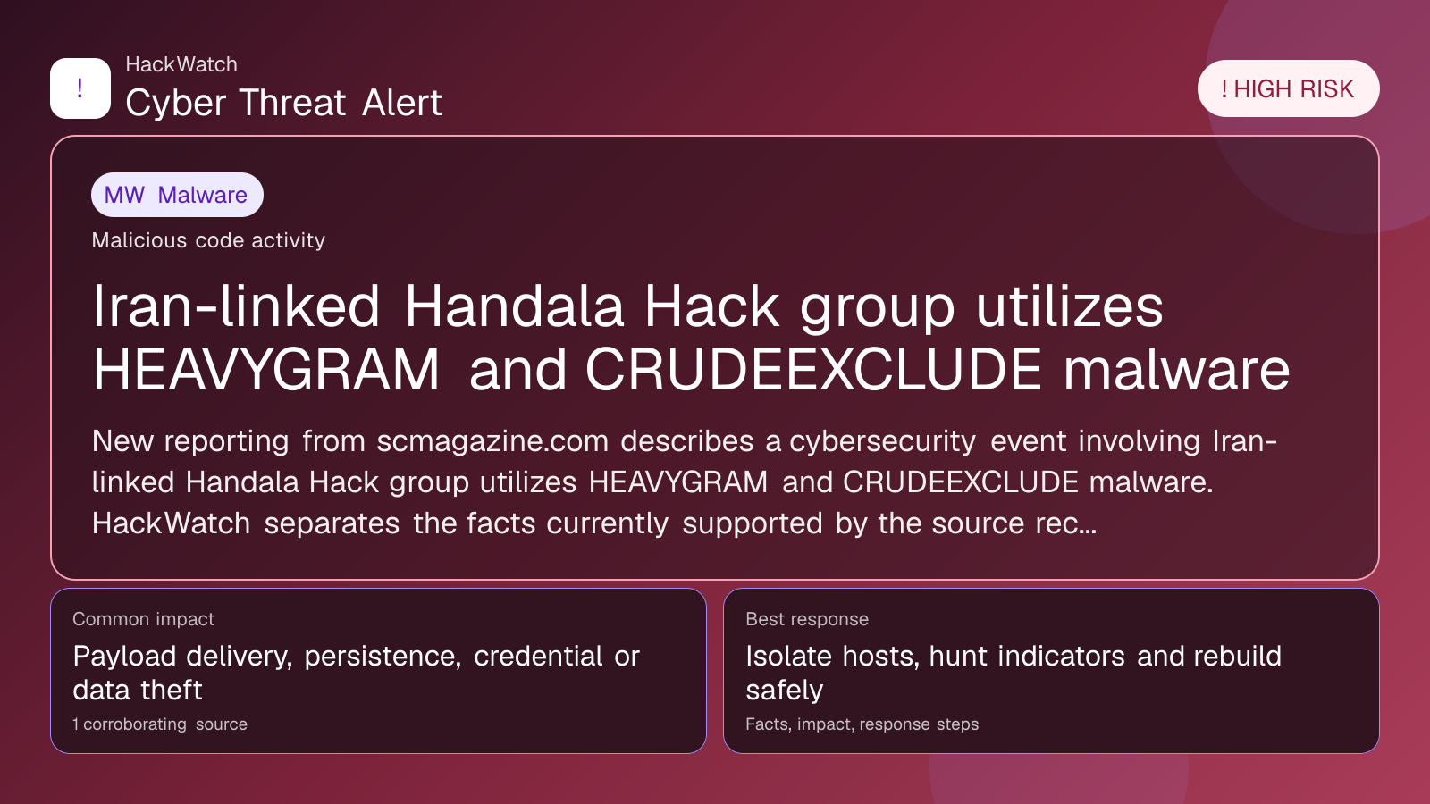 Iran-linked Handala Hack group utilizes HEAVYGRAM and CRUDEEXCLUDE malware - HackWatch malware alert image