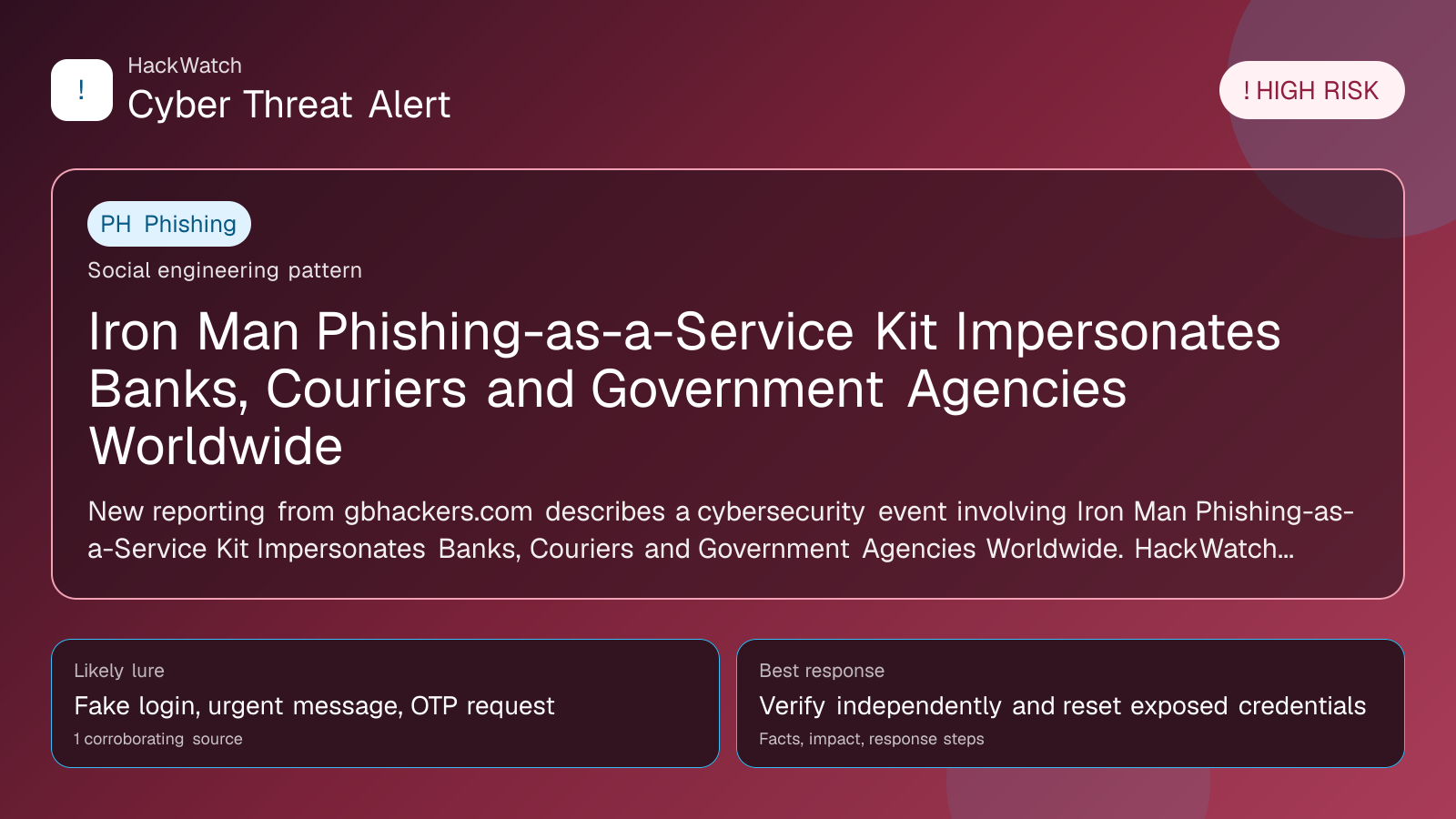 Iron Man Phishing-as-a-Service Kit Impersonates Banks, Couriers and Government Agencies Worldwide - HackWatch phishing alert image