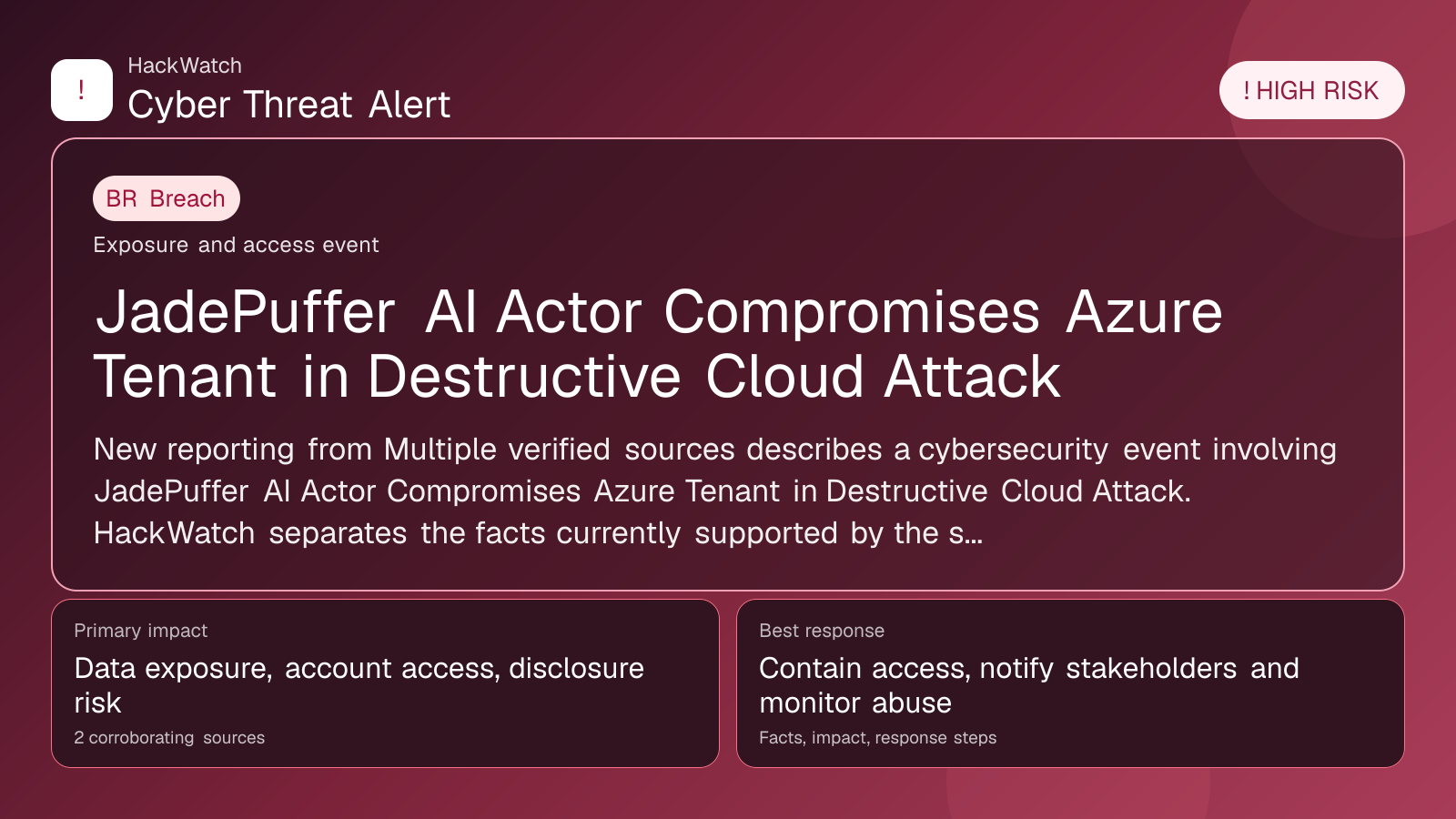 JadePuffer AI Actor Compromises Azure Tenant in Destructive Cloud Attack - HackWatch breach alert image